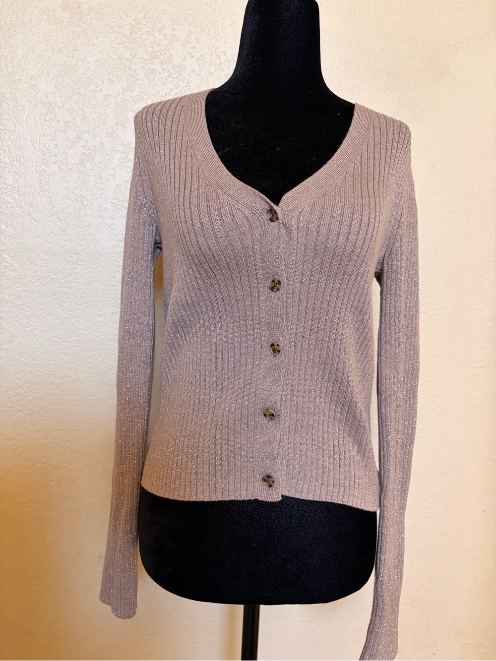 GAP Taupe Shimmery Rib-Knit Button Cardigan